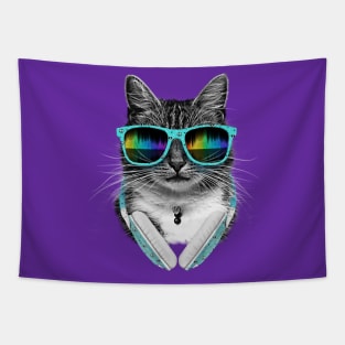 Cute cool cat Wearing Headphones and Sunglasses Tapestry