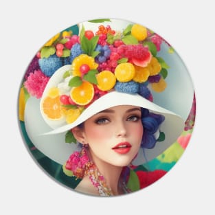 А woman with a white hat and some colorful fruity Pin