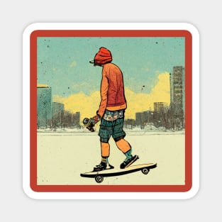 Skateboarder wearing all the right gear in the city. Magnet