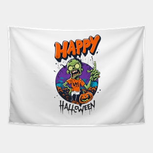 Spooky Season Style: Happy Halloween Zombie Tee Tapestry