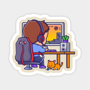 Cute Boy Gamer Playing Game On Computer Cartoon Magnet