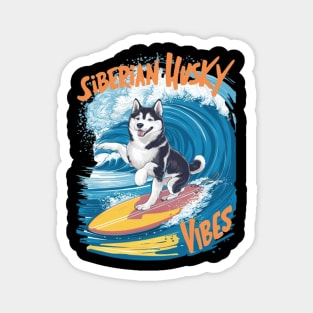 A smart, cute, and funny Siberian Husky dog riding a surfboard on top of a huge wave at a tropical island. Magnet
