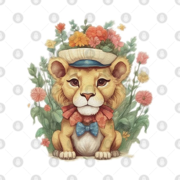 a cute little lion wearing a hat and a bow tie by JnS Merch Store