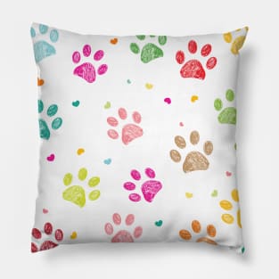 Colorful hand drawn doodle paw prints with hearts Pillow