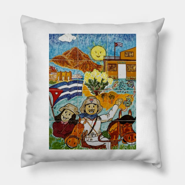 Tile mural of happy children in Cuba Pillow by Offiinhoki