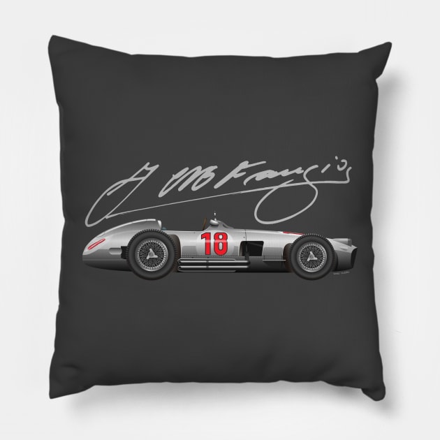 Juan Manuel Fangio W196 illustration with signature Pillow by Burro Wheel