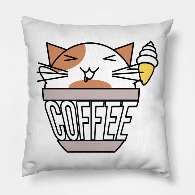 Cat in coffee cup with warped text holding ice cream white and orange Pillow by coffeewithkitty
