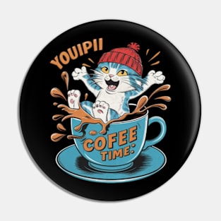 A hilarious and vibrant vintage-inspired illustration of an adorable cat wearing a red beanie, sitting inside a coffee cup that's spilling coffee Pin