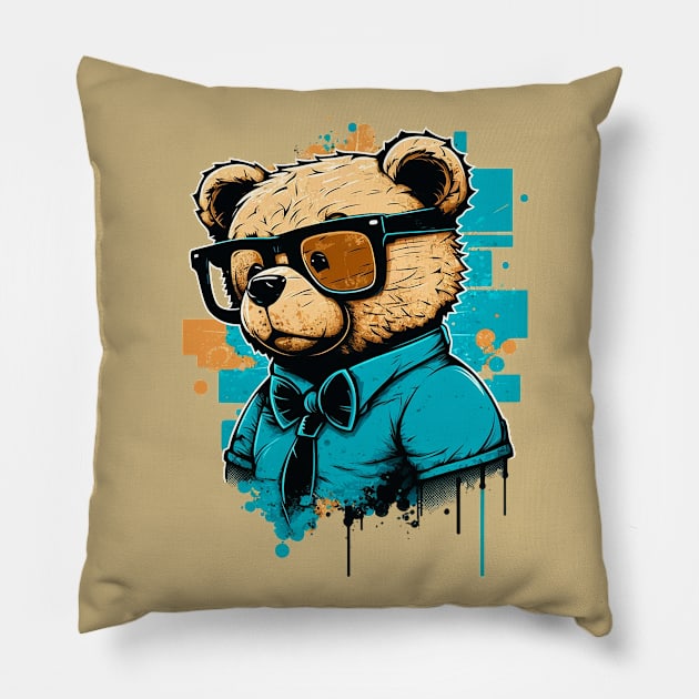 Bear Wearing Glasses Pillow by Alonesa