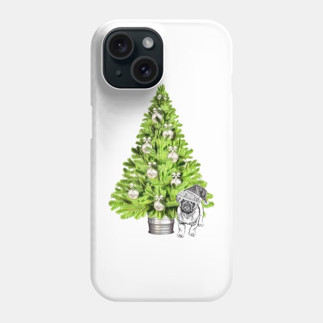 Pug dog Christmas scene with Christmas tree and Santa hat Phone Case by NikkiBear67