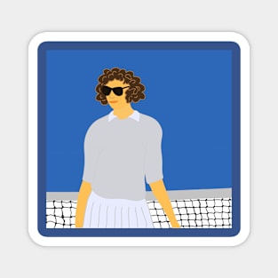 Illustration of a brown curly hair tennis player standing at the net Magnet