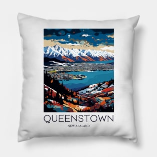 A Pop Art Travel Print of Queenstown - New Zealand Pillow