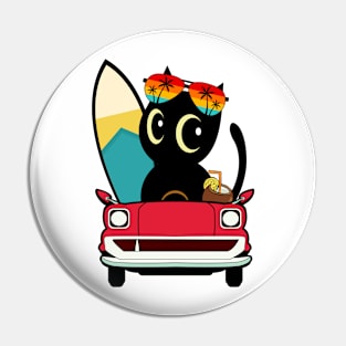 Surfer black cat driving to the beach Pin