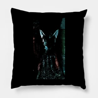 Digital collage, special processing. Strong, muscular men figure, arabian skirt, dark room. Demon. Blue, green and slight red. Pillow