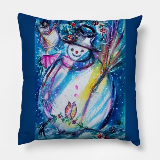 Snowman With Owl , Snowy Winter Fun Pillow by BulganLumini