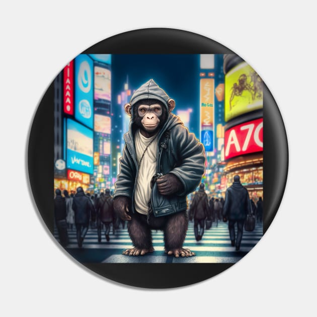 Monkey Walking in Shibuya Tokyo Pin by unrealartwork