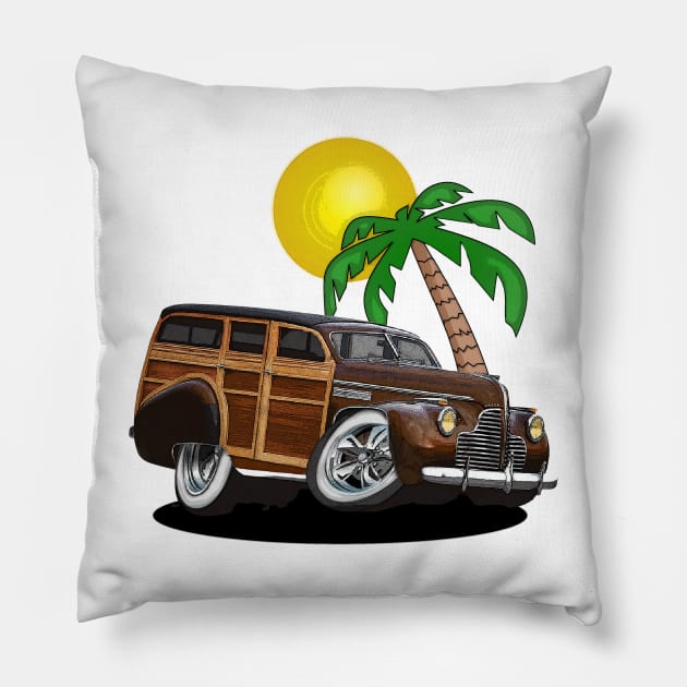 Buick Woody Station Wagon at the Beach Pillow by Wilcox PhotoArt