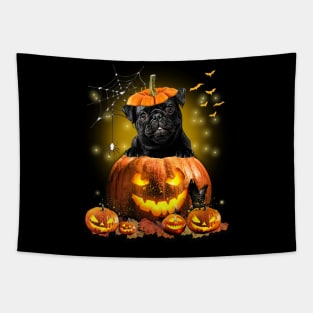 Black Pug Spooky Halloween Pumpkin Dog Head Tapestry