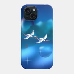 Two cranes flying in a bright blue sky Phone Case