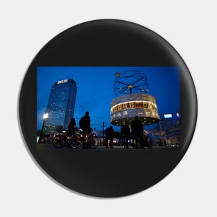 Berlin Alexanderplatz night Scene, with the Weltzeituhr (World Time Clock), built in 1969, and the Park Inn Hotel highrise in the background Pin