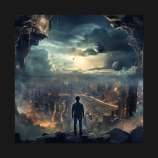 Apocalyptic Vision: A Sole Observer Amidst a Dystopian Cityscape T-Shirt