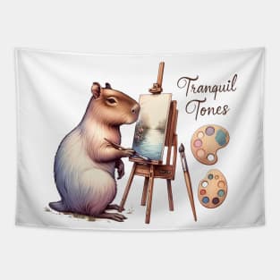 Tranquil Tones Capybara Painting a Nature Scene Tapestry