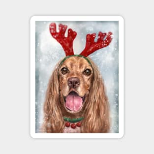 Painting of a Smiling Cocker Spaniel with a Reindeer Headpiece Antlers Costume in the Snow Magnet