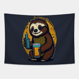 Cute Cartoonish Sloth With Beer Mug Tapestry