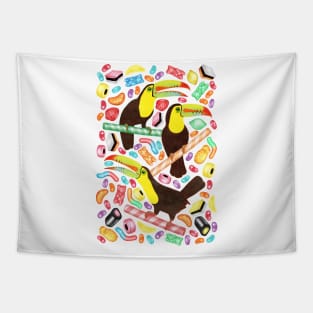 Toucandy - rainbow gummies, jelly beans and licorice surround tropical toucans on candy canes Tapestry