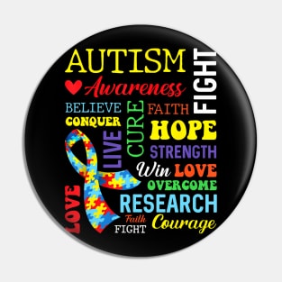 Autism Hope Overcome Awareness Love Cure Fight Strength Pin