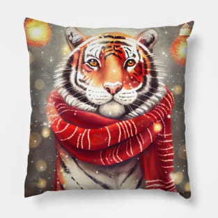 Tiger wearing a scarf for the holidays Pillow