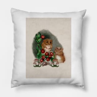 Adorable Baby Woodland Mice Play on the Forest Floor With Mushrooms, Snails, and Red Barries in this Cottagecore Watercolor Pillow