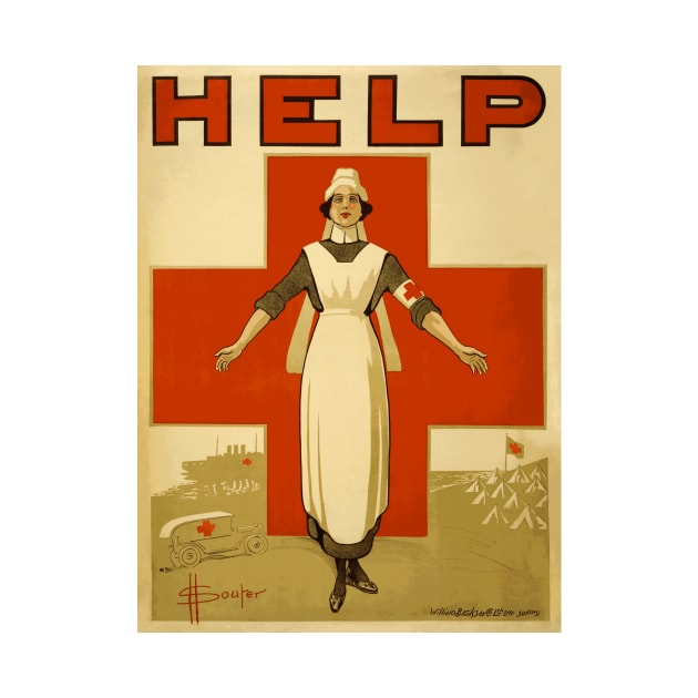 Vintage WWI Era Australian Red Cross Nurse Poster: HELP by Naves