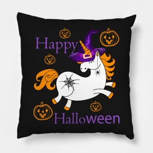 Enchanted Halloween: a baby unicorn in a wizard's hat with a spider web tattoo and a spider earring, against a Jack-o'-Lanterns background Pillow