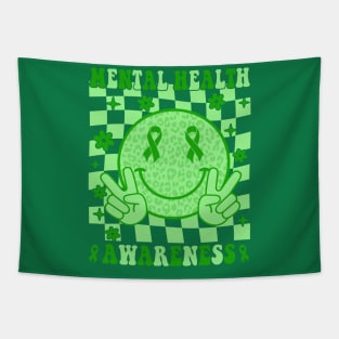 Mental Health Awareness Smile Face Checkered Green Ribbon Tapestry