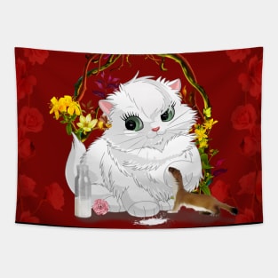 Sweet little cat with otter drinking milk Tapestry