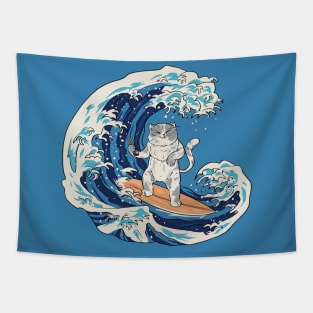 Funny Retro Surfing Sushi Cat Riding a Great Wave Tapestry