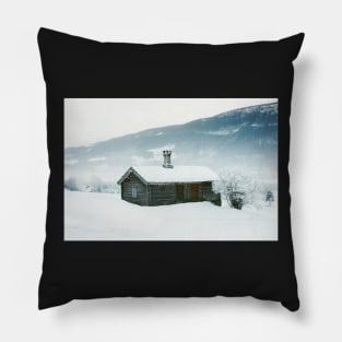 Log Cabin in Scandinavian Winter Landscape Pillow