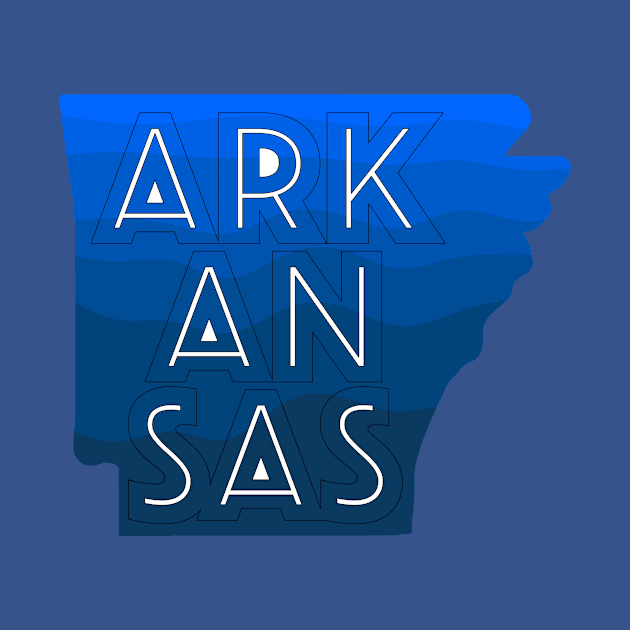 Arkansas Map in Blue with Arkansas Text by Arkansas Shop