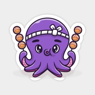 Cute Octopus With Takoyaki Cartoon Vector Icon Illustration Magnet
