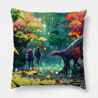 Wild Dinosaur in Fall Season Autumn Leaves of Jungle Enjoying Fall Vibes Pillow