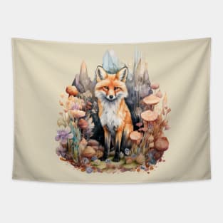 Fox, Crystals, and Mushrooms Fantasy Watercolor Tapestry