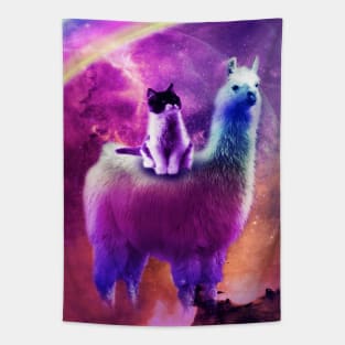 Kitty Cat Riding On Rainbow Llama In Space Tapestry