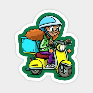 girl from a courier service on a motorcycle delivers a package Magnet