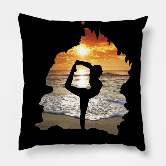 Yoga pose silhouette on beach during sunset (cave view) - ballet, dance, gymnastics - ballerina, dancer, gymnast Pillow by Vane22april