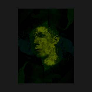 Portrait, digital collage and special processing. Weird man looking on us. Green. T-Shirt