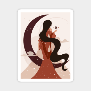 Celestial woman art, Moon art, Woman with long dark hair, Witchy aesthetic, Feminine art, Girl power Magnet