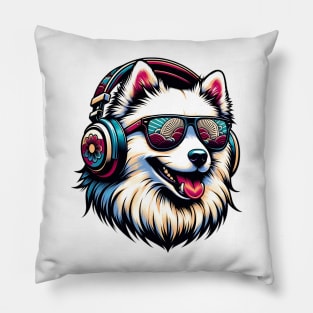 Smiling Japanese Spitz DJ with Stylish Sunglasses Pillow