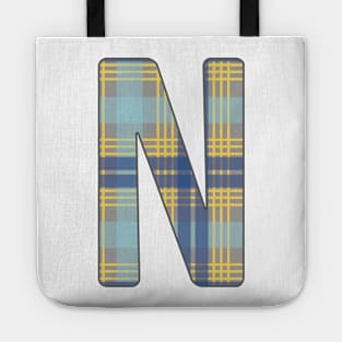 Monogram Letter N, Blue, Yellow and Grey Scottish Tartan Style Typography Design Tote