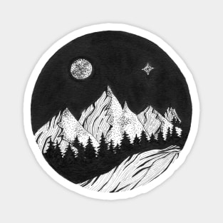 Hand inked draw of forest with mountains under the night sky with full moon and northern light Magnet